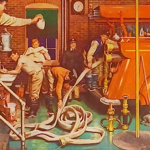 Può includere: Una pubblicità vintage per il caffè Maxwell House con un gruppo di uomini in una caserma dei pompieri. Il testo della pubblicità recita "Tutti conoscono il segno del buon caffè" e "Maxwell House... l'unico caffè con quel sapore "Buono fino all'ultima goccia"!"