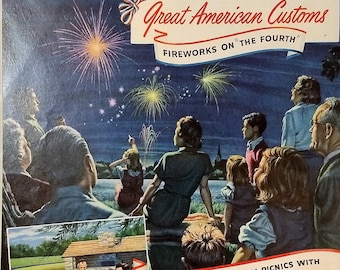 May include: A vintage advertisement for Swift's Premium Table-Ready Meats featuring a family enjoying a Fourth of July picnic with fireworks in the background. The ad highlights the freshness and flavor of Swift's meats, including ham, salami, and bologna.