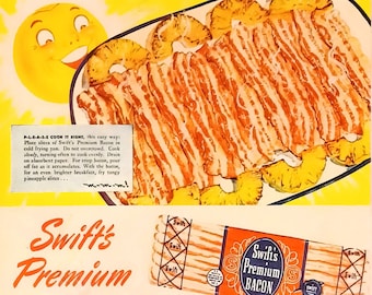 May include: A vintage advertisement for Swift's Premium Bacon. The ad features a couple kissing, a plate of bacon and pineapple, and a package of bacon. The text reads "Brighter Breakfasts...give life a lift!" and "P-L-E-A-S-E COOK IT RIGHT, this easy way: Place slices of Swift's Premium Bacon in cold frying pan. Do not overcrowd. Cook slowly, turning often to cook evenly. Drain on absorbent paper. For crisp bacon, pour off fat as it accumulates. With the bacon, for an even brighter breakfast, fry tangy pineapple slices... m-m-m!"