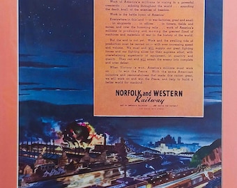 1944 Norfolk & Western Railway Ad Matted Vintage11x14 Print "Battle Hymn"