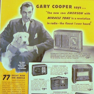 1941 Gary Cooper Emerson Radio Ad Matted Vintage 11x14 Print