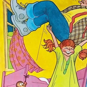 May include: A colorful illustration featuring a person with red hair in pigtails wearing a light green dress, jumping in the air. A small brown monkey with a pink shirt is visible below. The scene includes a yellow wall, a window, and pink furniture.