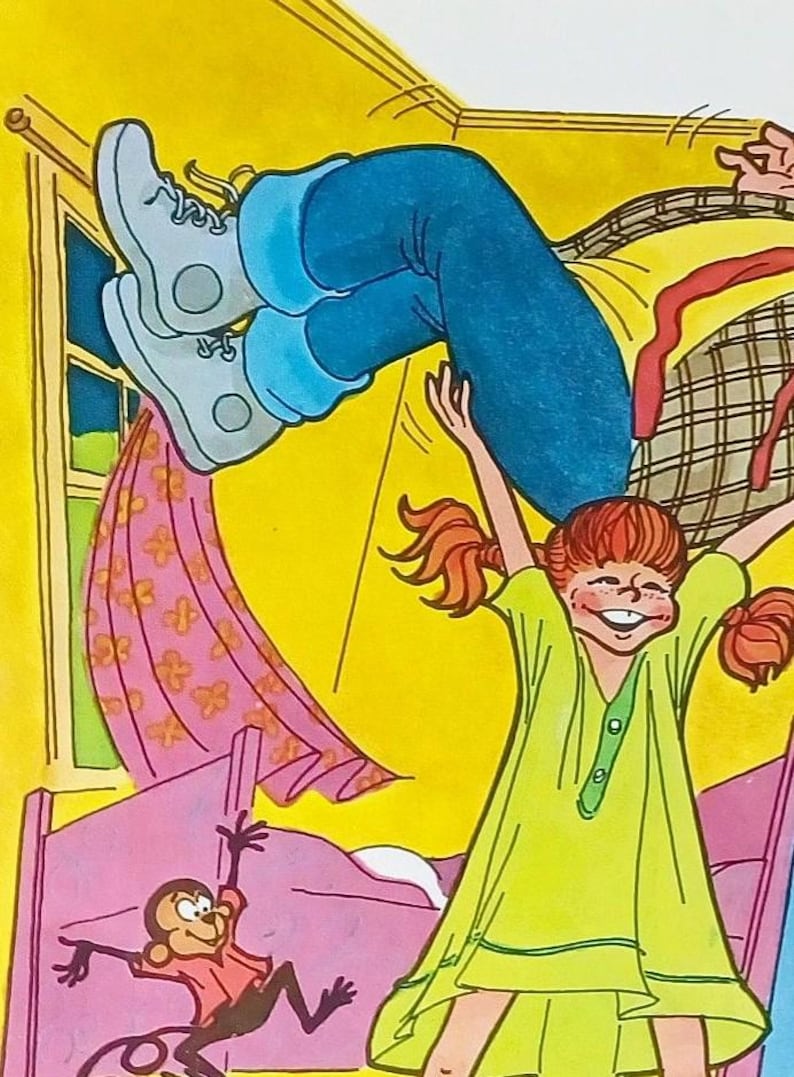 May include: A colorful illustration featuring a person with red hair in pigtails wearing a light green dress, jumping in the air. A small brown monkey with a pink shirt is visible below. The scene includes a yellow wall, a window, and pink furniture.