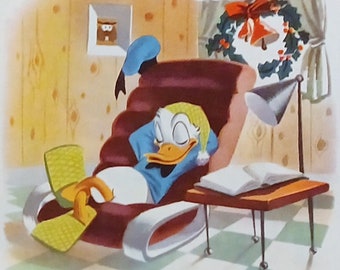 May include: A cartoon duck wearing a blue shirt and a green sleep cap is sleeping in a brown armchair. The duck has its feet up and is resting comfortably. There is a book on a small table next to the armchair, and a lamp is on the wall behind the armchair. The room is decorated for Christmas with a wreath on the wall.