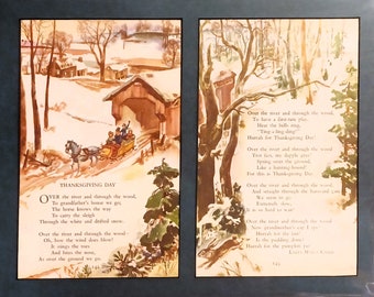 1945 Thanksgiving Poem Matted Vintage 11x14 Print Over the River and Through the Wood