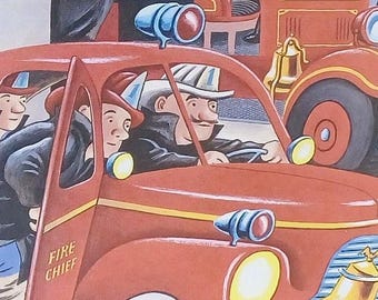 May include: A colorful illustration of a red fire chief car with yellow headlights and a gold bell on the front. Two figures wearing helmets are inside the vehicle, and the door is clearly labeled with the text FIRE CHIEF in yellow letters.