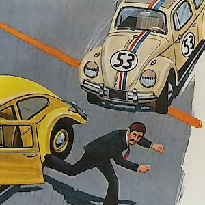 May include: Illustration of two Volkswagen Beetles, one cream-colored with racing stripes and the number 53, and a yellow one. A man in a suit runs away from the yellow car. The background is a gray and white wash.