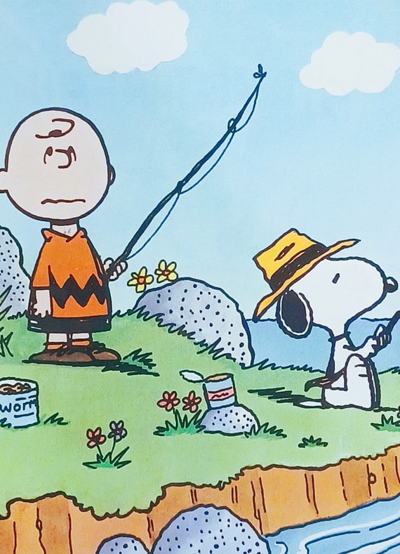 1987 Charlie Brown & Snoopy Fishing Matted Vintage Peanuts 8x10