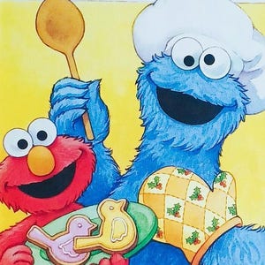 1996 Elmo Christmas Cookies Matted 8x10 Sesame Street Print Cookie Monster
