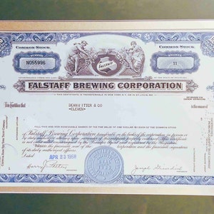 Falstaff Brewing Corporation Matted 11x14 Stock Certificate 1960s