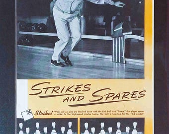 May include: Vintage bowling advertisement featuring a bowler in action, with the text "HOW IT IS DONE" at the top. The poster also displays the words "STRIKES AND SPARES" and diagrams of bowling pins. The image is in black and white.