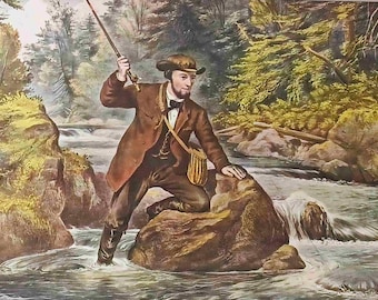 1952 Currier & Ives Lámina vintage enmarcada de 11x14 pulgadas: Pesca de trucha de arroyo