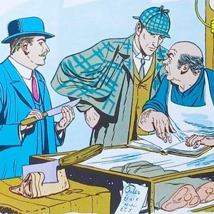 May include: Comic illustration of three men in a butcher shop. One man in a blue suit holds a knife, while another in a tweed coat looks on. The butcher wears a white apron and points at a book. A display case holds cuts of meat.