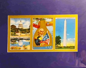 May include: A vintage postcard collage featuring three images of Washington, D.C. The first image shows the U.S. Capitol building, the second image shows a portrait of George Washington holding the American flag, and the third image shows the Washington Monument.