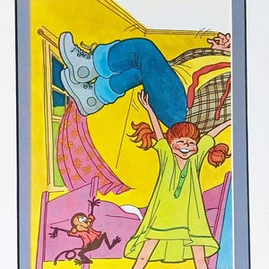 May include: A colorful illustration featuring a person with red pigtails wearing a lime green dress, lifting another person wearing blue jeans and light gray shoes. A small brown monkey stands near a pink bed frame in a room with yellow walls and a window.