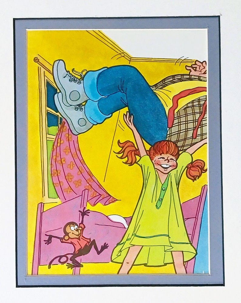 May include: A colorful illustration featuring a person with red pigtails wearing a lime green dress, lifting another person wearing blue jeans and light gray shoes. A small brown monkey stands near a pink bed frame in a room with yellow walls and a window.