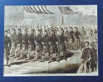 May include: An antique black and white print depicting the Seventy-Sixth Regiment (Highlanders) New York State Militia marching in formation. The soldiers wear kilts, jackets, and hats, carrying rifles. American flags are visible in the background.