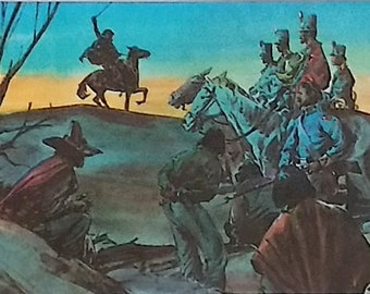May include: A painting depicting a scene of a man on horseback riding away from a group of men on foot. The man on horseback is wearing a dark cloak and a hat. The men on foot are wearing various colored clothing and hats. The scene is set against a backdrop of a sunset sky.