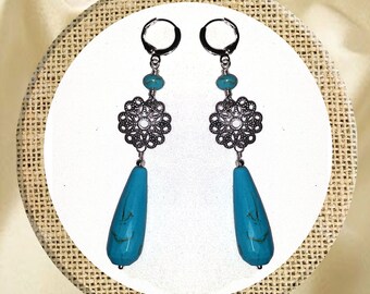 Earrings - Howlite dyed Turquoise with Sterling silver ear wire lever back