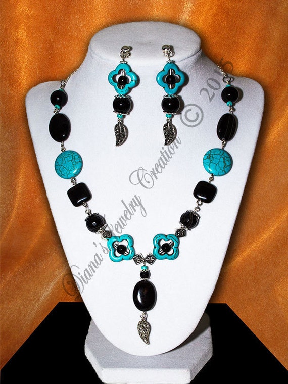 Jewelry Set Onyx and Turquoise Dyed Howlite Necklace and - Main Image