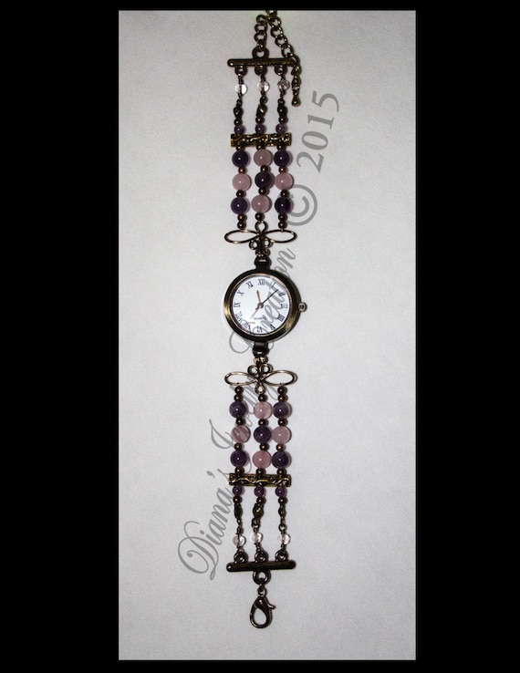 Watch Amethyst and Rose Quartz in antique gold looking settings; Women's  Wristwatch