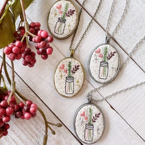 Handmade Embroidered Oval Pendant Necklace - Embroidery - Jewelry- Quote - Lyric - Practical Magic - Salt - Rosemary - Lavender - Love