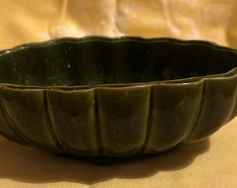 Vintage Olive Green Scalloped Ceramic Bowl | Mid-Century Modern Planter or Serving Dish
