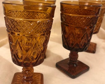 Vintage Imperial Glass Cape Cod Amber Goblets – Mid-Century Pressed Glass Barware (Set of 4)