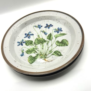 May include: A stack of three ceramic plates. Each plate features a white background with a floral design of blue flowers and green leaves. The rims have a speckled pattern and a brown border. The plates are stacked on top of each other.