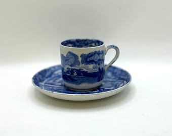 Xícara e pires Copeland Spode Blue Italian Demitasse, conjunto vintage de porcelana inglesa para café expresso, decoração azul e branca com decalques.