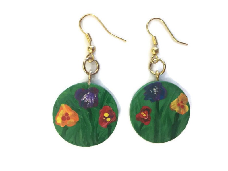 Hand painted earrings wooden circle earring gold green grass flowers purple yellow red