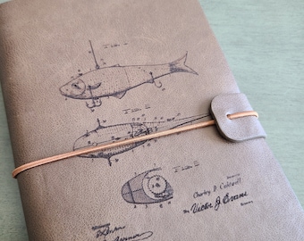 Medium Light Brown Leather journal Fishing Lure Patent engraved / can add personal message