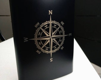 Metal beverage hip flask 8 oz. Black with Compass themed image