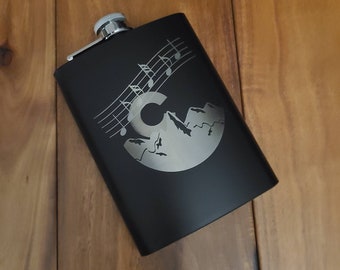 Metal beverage hip flask 8 oz. Black with Colorado mountains music themed image
