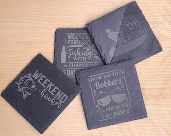 Set of 4 Black Slate Drink Coasters  / Naughty Fishing themed images