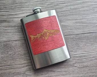 Stainless Steel Metal beverage hip flask 8 oz. / Trout with mountains Red Maple veneer