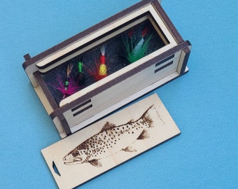 Custom wooden gift box with 5 colored fishing flies. Trout Fishing themed lid