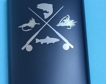 Metal beverage hip flask 8 oz. Black with Fly Fishing logo themed image