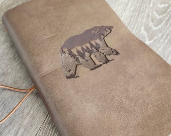 Medium leather journal with Bear with Mountaina engraved / can add personal message