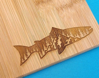 Bamboo Cutting Board - Fish detail - Trout mountains