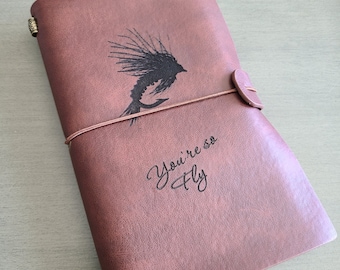 Medium Red-Brown Leather Journal with You're So Fly fly fishing engraved / can add personal message