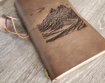 Medium leather journal Rough Mountain Landscape engraved / can add personal message