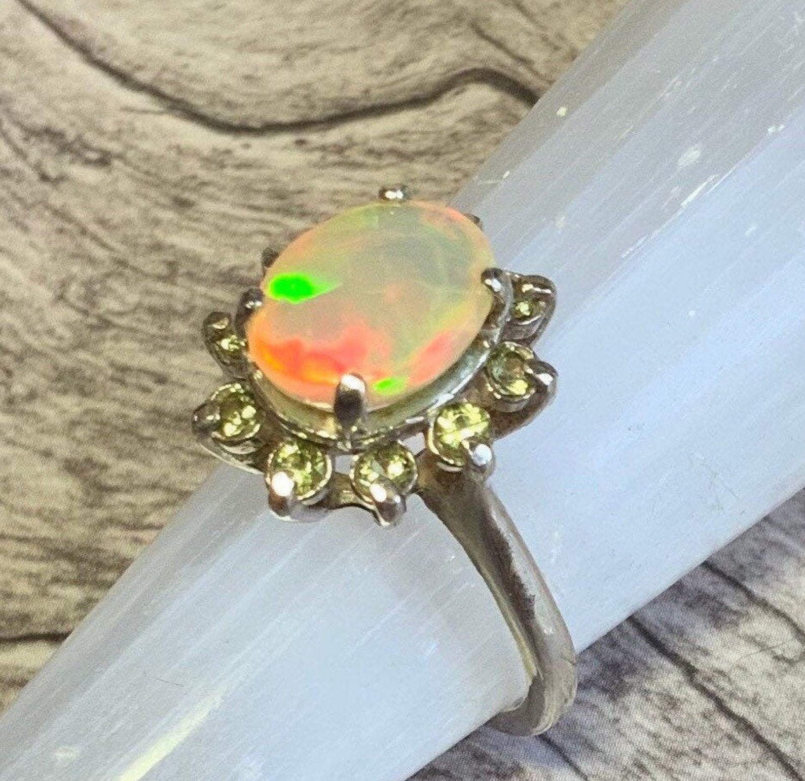 Sunburst Opal & Peridot Ring. Engagement Ring Bridal Ring. | Etsy