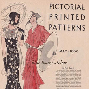 May include: Two women's fashion illustrations from the May 1930 issue of Pictorial Printed Patterns magazine. The illustration on the left shows a woman wearing a black and white polka dot dress with a ruffled skirt and a white hat. The illustration on the right shows a woman wearing a red dress with a ruffled skirt and a white hat. The text "blue hours atelier" is printed at the bottom of the illustration.