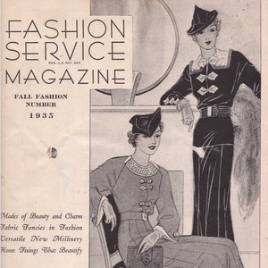 May include: Vintage magazine cover from 1935, featuring illustrations of women in stylish attire. The cover reads "FASHION SERVICE MAGAZINE" with the text "FALL FASHION NUMBER 1935". The image includes text such as "Modes of Beauty and Charm" and "blue hours atelier".