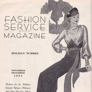 May include: A black and white illustration of a woman wearing a black jumpsuit with a white blouse and a large bow. The illustration is from a 1934 issue of Fashion Service Magazine, a holiday edition.