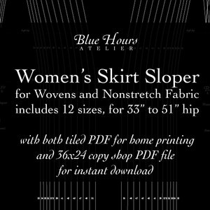 Puede incluir: Ilustración en blanco y negro de un patrón de falda para coser. La imagen incluye el texto "Blue Hours Atelier Women's Skirt Sloper for Wovens and Nonstretch Fabric includes 12 sizes, for 33" to 51" hip with both tiled PDF for home printing and 36x24 copy shop PDF file for instant download."