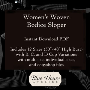 Women&#39;s Woven Bodice Sloper, 30&quot; to 48&quot; High Bust, With B, C, and D Cup - PDF Format - Pattern Fitting and Drafting Aid - Instant Download