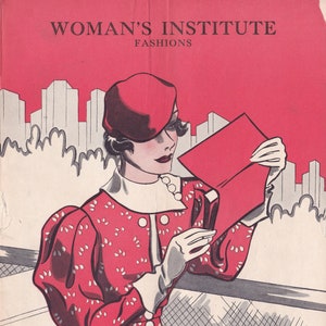 May include: A woman in a red dress with white polka dots holds a red envelope. She is wearing a red hat and white gloves. The background is a cityscape with buildings and a fence.