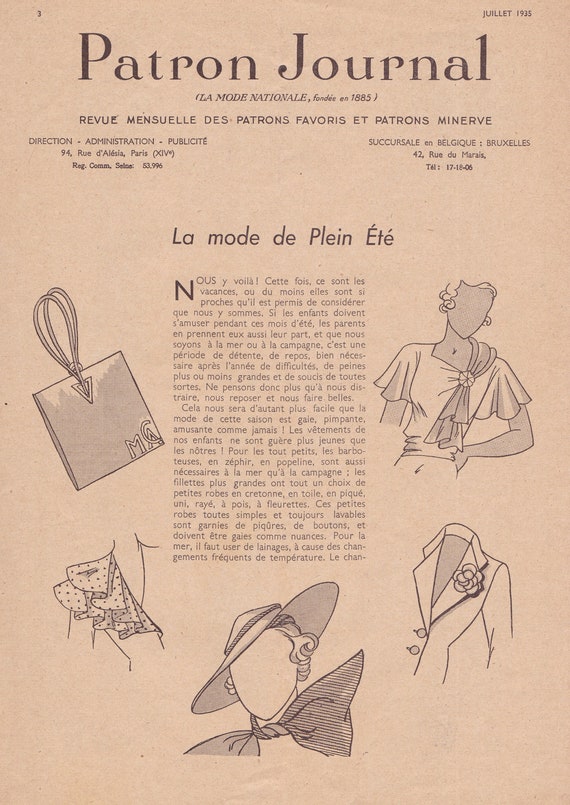 Patrons Favoris et Minerve Vintage French Fashion Catalog PDF Reproduction 1935 July Patron Journal 1930s Style